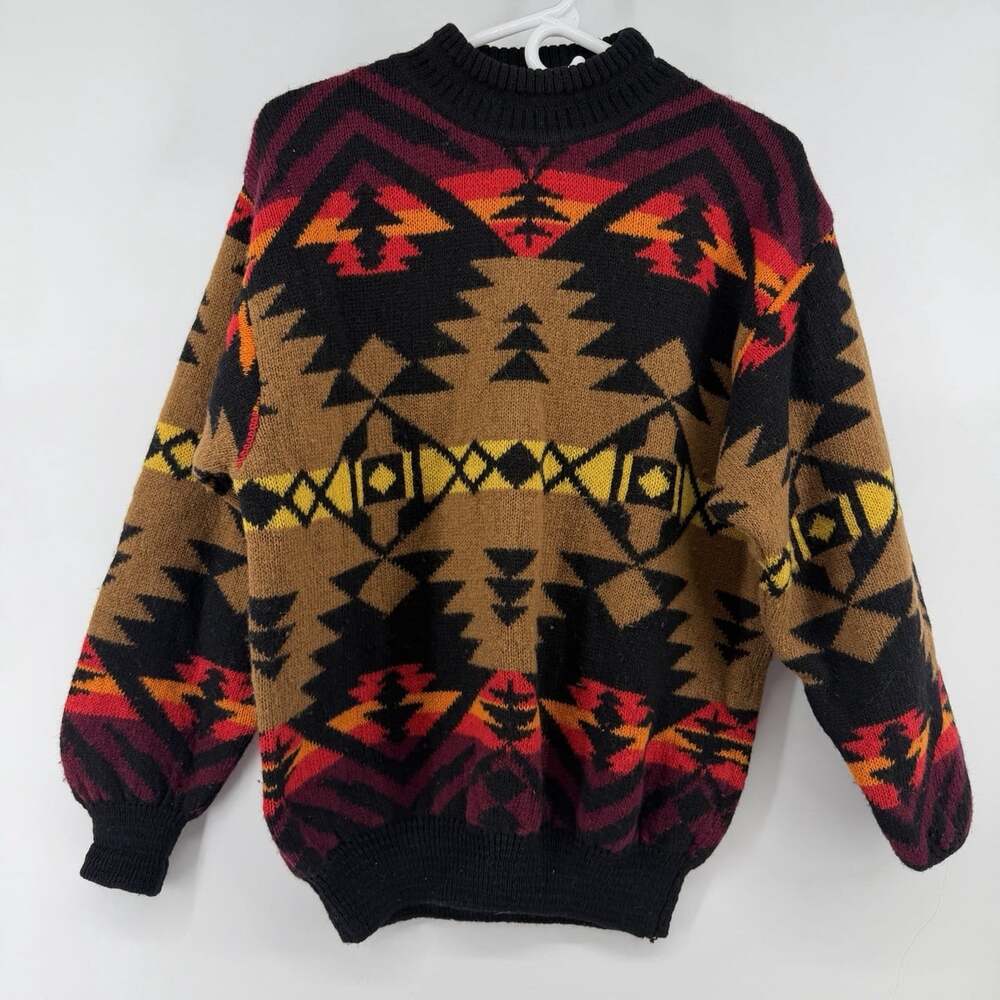 VTG United Colors of Benetton Sweater Womens SzM Black Aztec Print Shetland Wool
